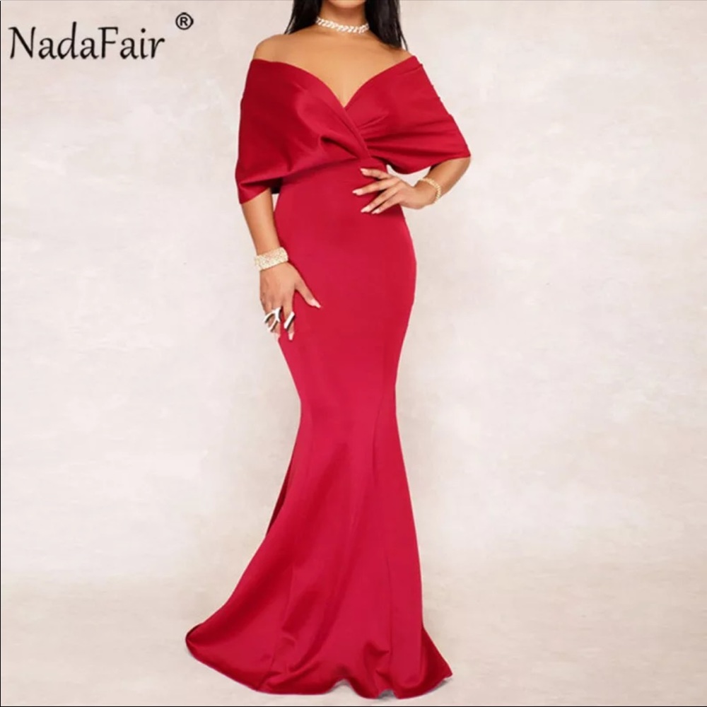 Women’s sexy v neck off the shoulder evening gown - Picture 3 of 6